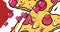 Multiple red heart floating against multiple pizza slice icons in seamless pattern