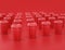 Multiple shiny red plastic coffee cups in a row on red background, flat colors, single color disposable paper cup, 3d rendering