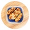 Multiple small braided buns on a blue plate and round wood board.