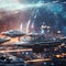 multiple spaceships flying in space with buildings behind them and the lights on