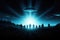 Multiple spaceships in sky and alien silhouettes on earth, UFO design. Generative ai