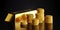 Multiple stacks of gold money coins and gold bar, ingot or bullion on black background, wealth, savings or finance concept