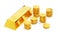 Multiple stacks of gold money coins and gold bar, ingot or bullion over white background, wealth, savings or finance concept