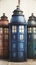 Multiple TARDIS, from Doctor Who, space-time machine, blue police phone call box, Generative AI