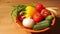 Multiple vegetables on a wooden plate