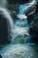 Multiple waterfalls cascading in narrow passage in Watkins Glen state park, New York.