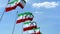 Multiple waving flags of Iran against the blue sky. 3D rendering