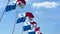 Multiple waving flags of Panama against the blue sky. 3D rendering
