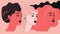 Multiple women faces silhouettes. Graphic illustration on pastel pink background. Portrait of women.