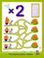 Multiplication table by 2 for kids. Count the quantity of apples, find the way and draw lines till baskets. Educational page.