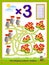 Multiplication table by 3 for kids. Count the quantity of mushrooms, find the way and draw lines till baskets. Educational page.