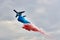 Multipurpose amphibian aircraft Beriev Be-200ES drops water in the colors of the Russian flag.