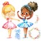 Multiracial Ballerina Child Friendship Concept. African American Ballet Dancer Princess Character Jump. Cute Caucasian