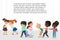 Multiracial children kids bullying, pointing and laughing at upset classmates in school corridor vector illustration.