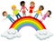 Multiracial Children kids hand in hand standing rainbow isolated