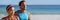 Multiracial couple runners running on beach banner