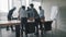 Multiracial diverse business team partners co-workers stand in boardroom at meeting shake hands do handshake gesture