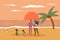 Multiracial family on beach at sunset flat line character vector illustration concept