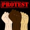 Multiracial fists hands up. Raised hands with clenched fist. Concept of protest, revolution, fight, cooperation, strike