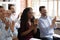 Multiracial happy business audience people applaud thank for workshop presentation