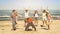 Multiracial happy friends group having fun with limbo at beach