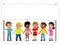 Multiracial kids children hand in hand blank banner isolated