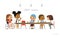 Multiracial kids sitting at laptops and learning coding during informatics lesson. Children greeting newcomer girl in a