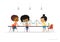 Multiracial kids standing and sitting around table with suspension bridge model on it. Concept of engineering activities