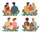 Multiracial and multicultural families vector set. Couples from different cultural and ethnic background adopt kids