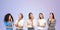 Multiracial pensive young women portraits in row, empty purple background