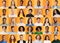 Multiracial people posing on orange studio backgrounds, collection of portraits