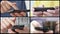 Multiscreen collage of different people hands typing SMS on smartphones.