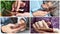 Multiscreen collage of different people hands typing SMS on smartphones.