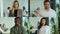 Multiscreen on happy male and female employees at work. Front view of young multiethnic professionals. Close up portrait