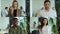 Multiscreen on happy male and female employees at work. Front view of young multiethnic professionals. Close up portrait