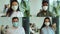 Multiscreen montage, split screen collage of mixed race people wearing protective medical mask in the workplace