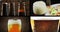 Multiscreen scene with pouring, drink and close-up fresh beer, lifestyle and relax concept