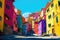 Multistory old Italian village densely populated residential neighborhood - generative AIith cobblestone road - art illustration.