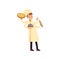 Multitasking chef cook character, young man with many hands holding cloche, pizza, rolling pin and showing ok sign