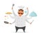 Multitasking chef cooking. Vector funny character isolate on white