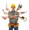 Multitasking concept. Handyman with different tools on background