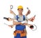 Multitasking concept. Handyman with tools on white background