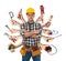 Multitasking concept. Handyman with tools on white background