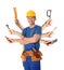 Multitasking concept. Handyman with tools on white background