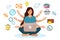 Multitasking concept, woman in yoga pose with laptop, six hands and icons. The concept of mental and emotional balance.