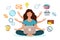 Multitasking concept, woman in yoga pose with laptop, six hands and various icons. The concept of mental and emotional balance.