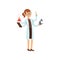 Multitasking girl chemist character, female scientist in white coat with many hands holding test flasks and microscope