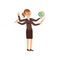 Multitasking teacher with a pointer and globe, young woman character with many hands vector Illustration on a white