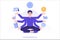 Multitasking and time management concept. Young freelancer man or business manager doing meditation or practicing mindfulness,