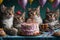 Multitude of cats coming together for a joyous celebration, complete with cake, balloons, and festive decorations.